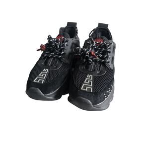 Versace Chain Reaction Black Athletic Sneakers Mesh Upper Patterned Laces